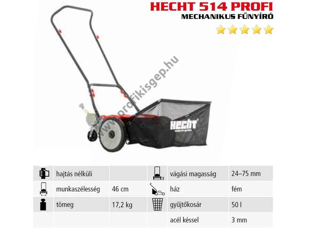HECHT 514 PROFI hengerkéses suhanó fűnyíró 46 cm, fűgyűjtővel