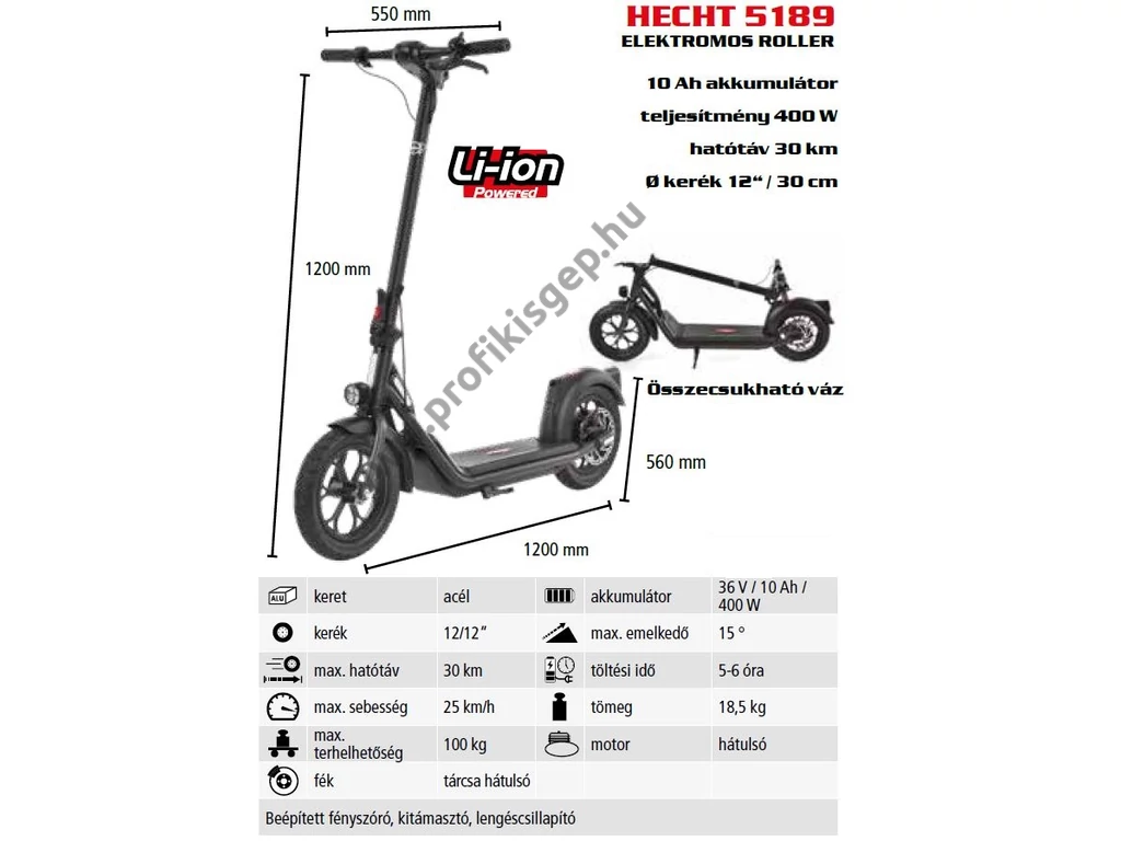 HECHT 5189 Akkumulátoros roller, 36V, 10Ah, Alu összecsukható váz, Hatótáv: Max 30 km, Max: 100kg