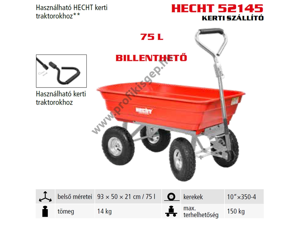 HECHT 52145 utánfutó, szállító kocsi fűnyíró traktorhoz, 75 liter,max: 150kg