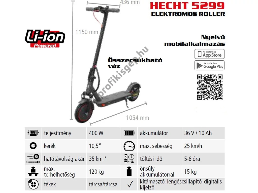HECHT 5299 Akkumulátoros roller, 36V, 10Ah, összecsukható váz, Hatótáv: Max 35 km, Max: 120kg