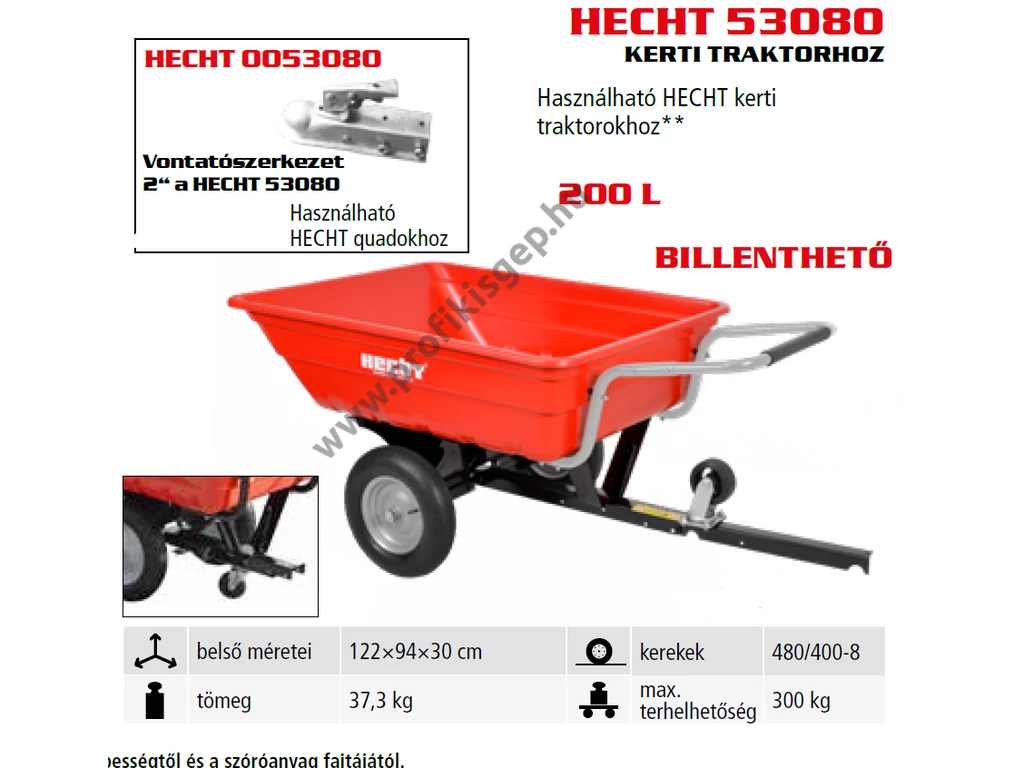HECHT 53080 utánfutó, szállító kocsi fűnyíró traktorhoz, 200 liter, max: 300kg, vonószerkezet nélkül