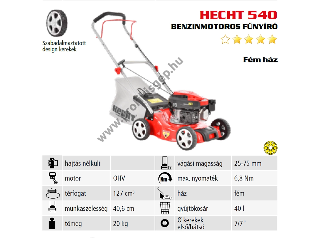 HECHT 540 Benzinmotoros fűgyűjtős fűnyíró, 40cm, OHV 127cm3