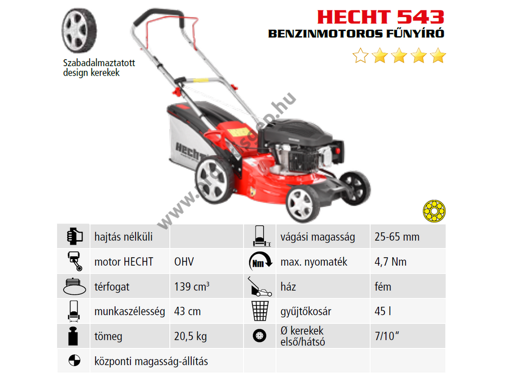 HECHT 543 Benzinmotoros fűgyűjtős fűnyíró, 43cm, OHV 139cm3, csapágyazott kerék