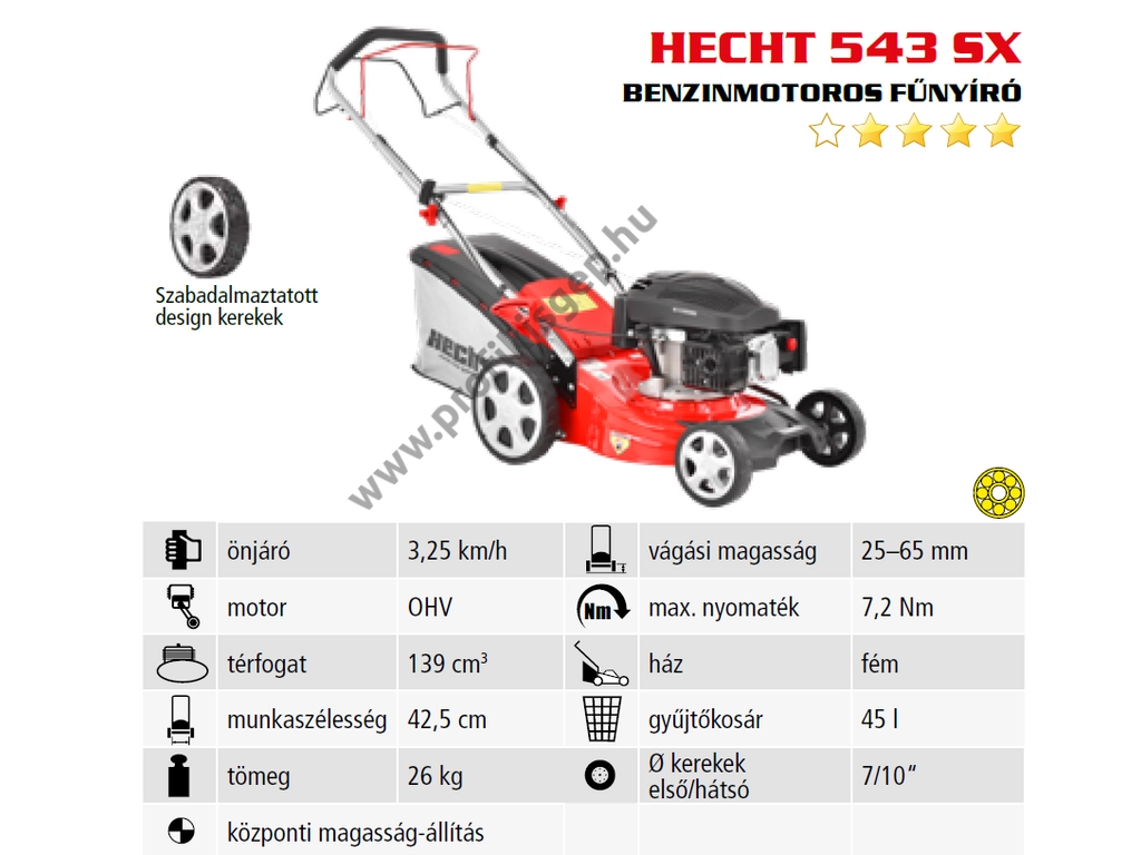HECHT 543 SX Benzinmotoros önjáró fűgyűjtős fűnyíró, 42,5cm, OHV 139cm3, csapágyazott kerék