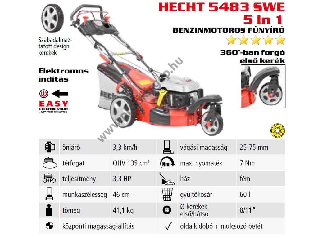 HECHT 5483 SWE 5IN1 Benzinmotoros önjáró fűgyűjtős fűnyíró, 46cm, OHV 135cm3, Önindító, oldalkidobó, mulcsbetét, csapágyazott kerék