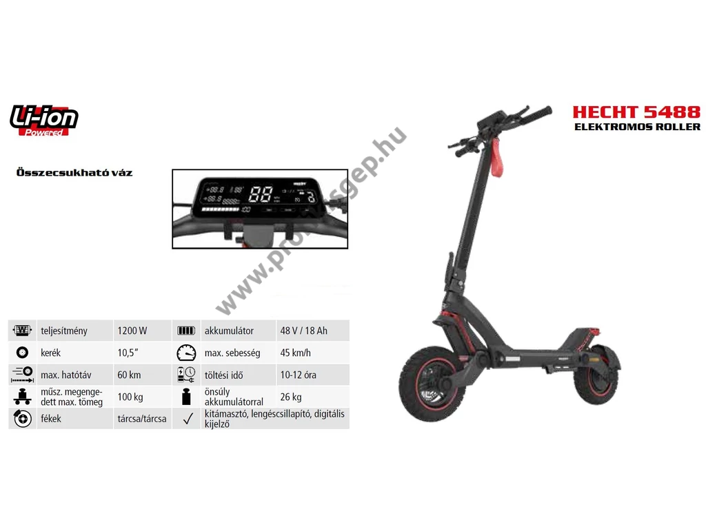 HECHT 5488 Akkumulátoros roller, 48V, 18.0Ah, összecsukható váz, Hatótáv: Max 60 km, Max: 100kg