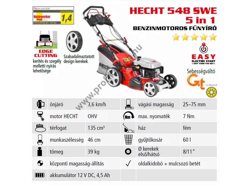 HECHT 548 SWE 5IN1 Benzinmotoros önjáró fűgyűjtős fűnyíró, 46cm, OHV 135cm3, Önindító, oldalkidobó, mulcsbetét, csapágyazott kerék