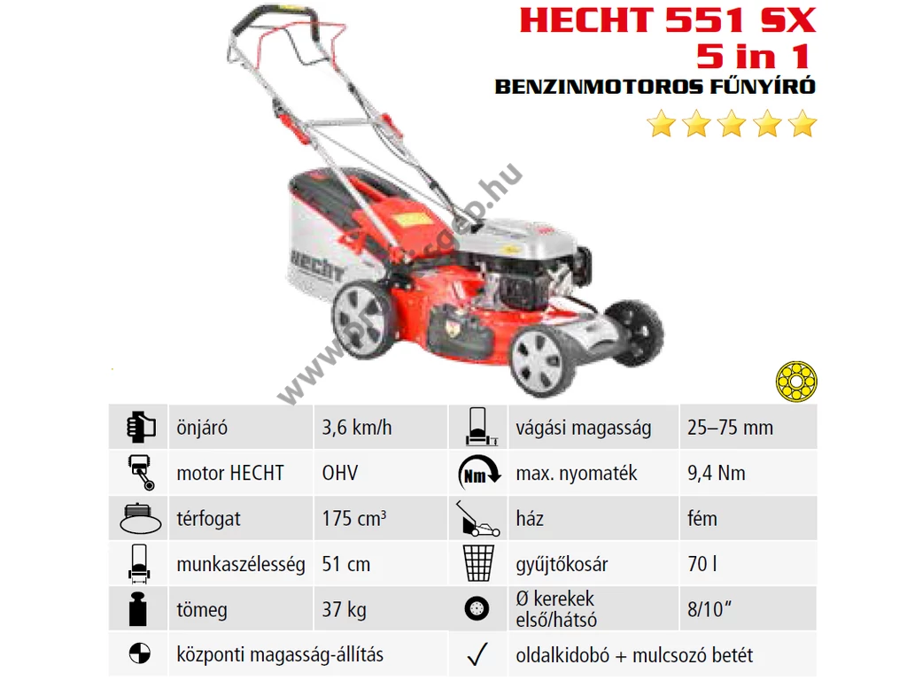 HECHT 551 SX 5IN1 Benzinmotoros önjáró fűgyűjtős fűnyíró, 51cm, OHV 175cm3, oldalkidobó, mulcsbetét, csapágyazott kerék
