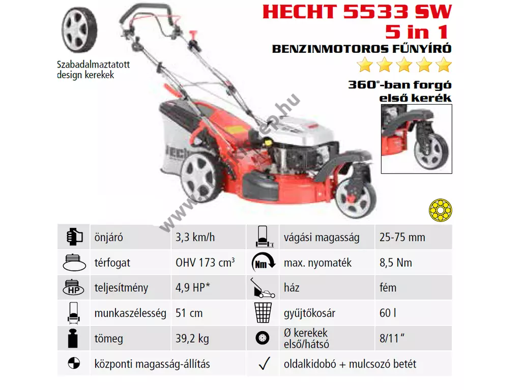 HECHT 5533 SW 5IN1 Benzinmotoros önjáró fűgyűjtős fűnyíró, 51cm, OHV 173cm3, oldalkidobó, mulcsbetét, 3 kerekű, csapágyazott kerék