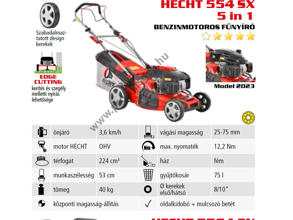 HECHT 554SX 5IN1 Benzinmotoros önjáró fűgyűjtős fűnyíró, 53cm, OHV 224cm3, oldalkidobó, mulcsbetét