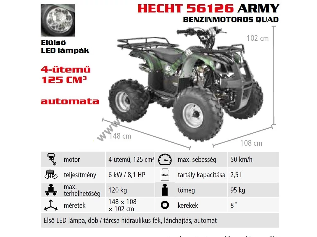 HECHT 56126 ARMY benzinmotoros quad, 4 ütemű, 125cm3, 8.1Le, Max: 120 kg