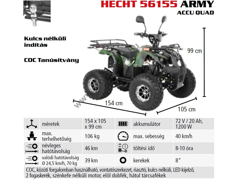 HECHT 56155 ARMY akkumulátoros quad 72V, 20Ah, 1200W, Max: 106 kg, közúti forgalomban használható