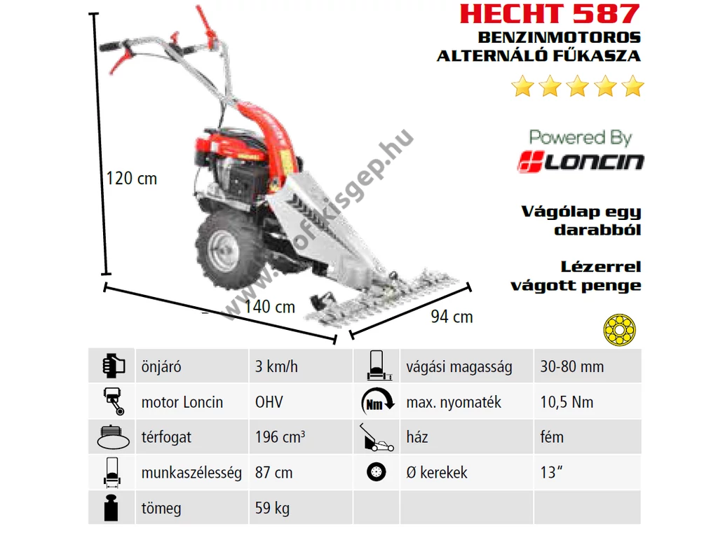 HECHT 587 benzinmotoros alternáló önjáró fűkasza, 87cm munkaszéleség, Loncin 196cm3,