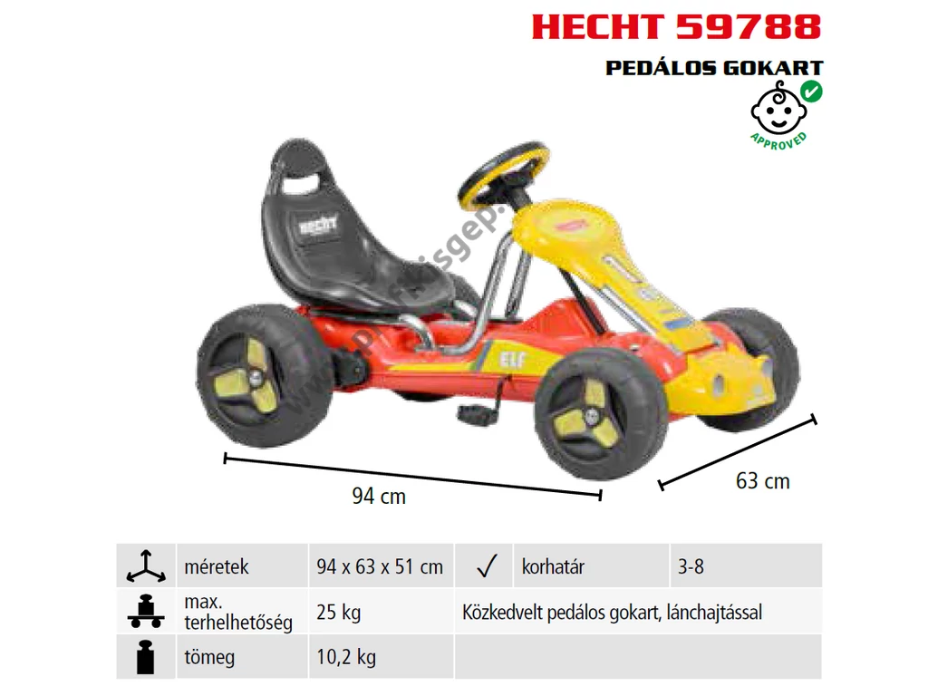 HECHT 59788 pedálos gokart, piros-sárga, 3-6 éves korig, Max: 30kg