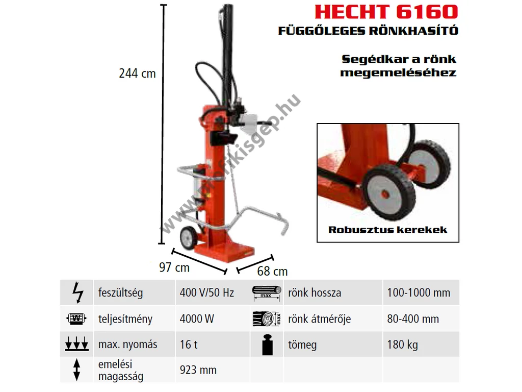 HECHT 6160 álló rönkhasító, 16 tonna, 400V, 4000W, hossz: 100cm-ig