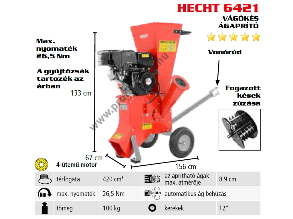 HECHT 6421 Benzinmotoros ágaprító, komposztáló, forgókéses, OHV389cm3, ágátmérő: 8.9cm