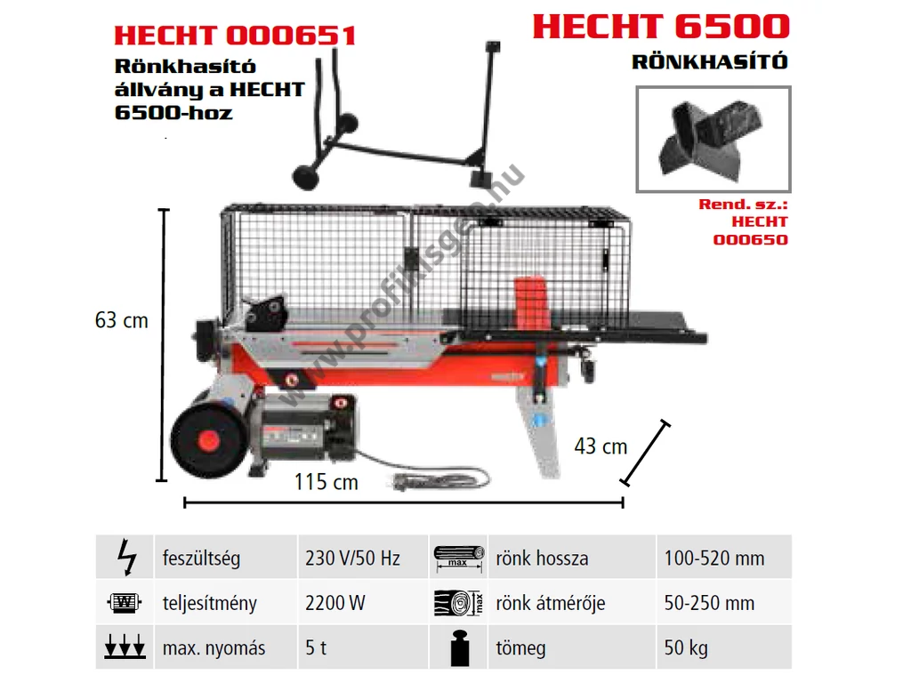 HECHT 6500 vízszintes rönkhasító, 5 tonna, 230V, 2200W, hossz: 52cm-ig, állvány és kereszthasító külön rendelhető