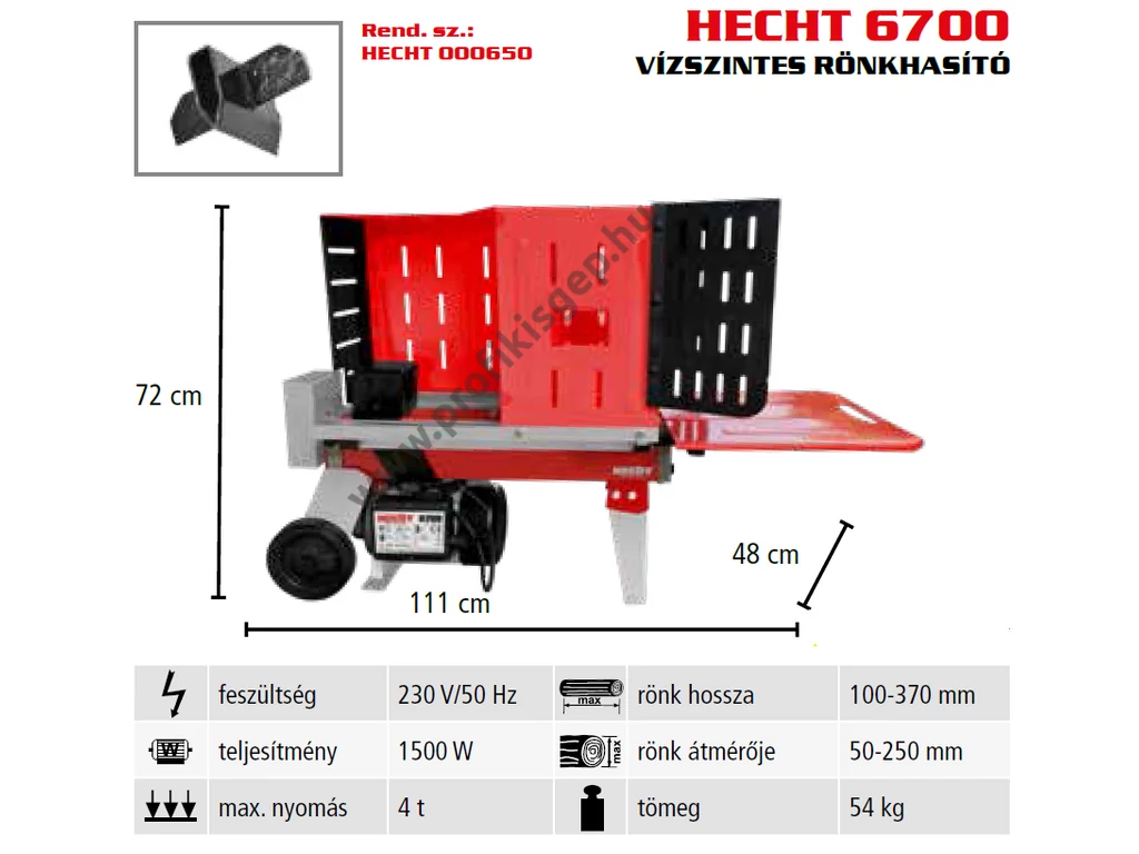 HECHT 6700 vízszintes rönkhasító, 4 tonna, 230V, 1500W, hossz: 37cm-ig, állvány és kereszthasító külön rendelhető
