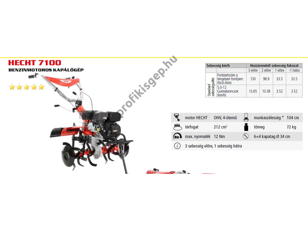 HECHT 7100 Benzinmotoros kapálógép, rotációs kapa, 212cm3, 3x2 kapatag, 3+1 sebesség, járókerék nélkül