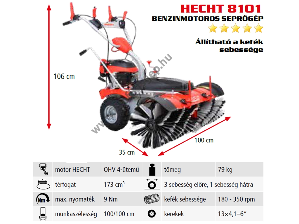HECHT 8101 Benzinmotoros önjáró seprőgép, takarítógép, 100cm, OHV 173cm3, 3+1 sebesség
