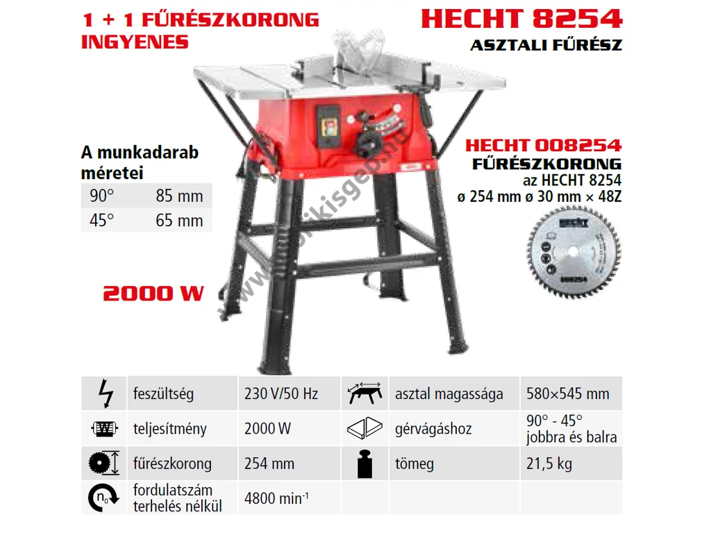 HECHT 8254 asztali körfűrész, 2000W, 254mm korong,