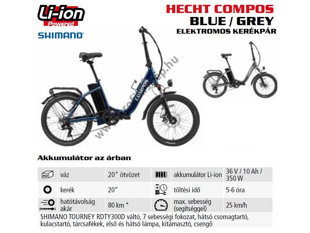 HECHT COMPOS GREY Elektromos kerékpár, e-bike, 20", 36V, 10.0Ah, Shimano váltó, tárcsafék, összecsukható