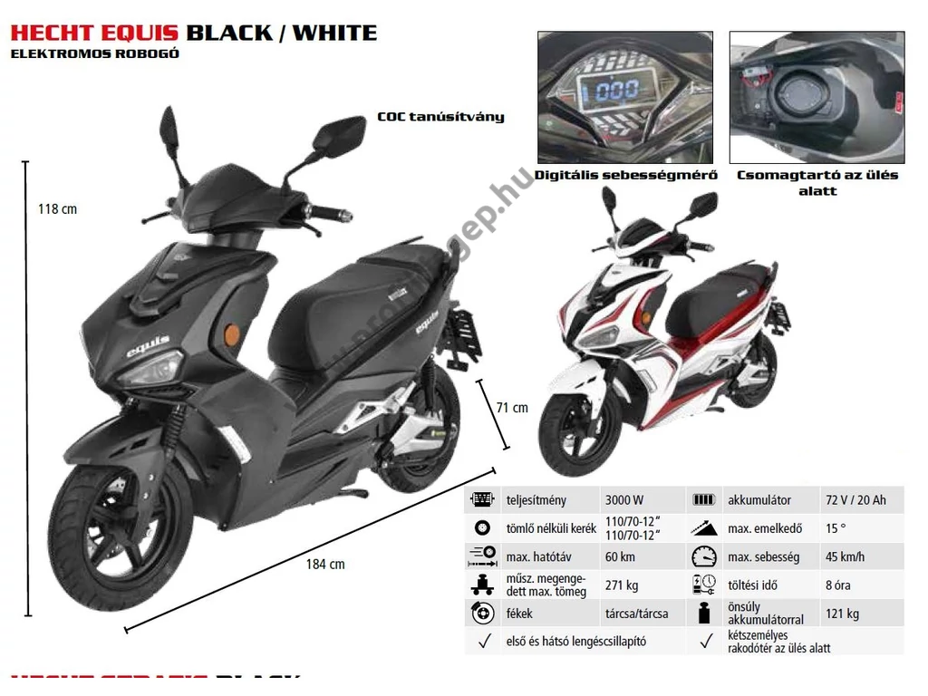 HECHT EQUIS BLACK Akkumulátoros robogó, 72V, 20Ah, 3000W, Max hatótáv: 60km, Max sebesség: 45 km/h, Max: 271kg