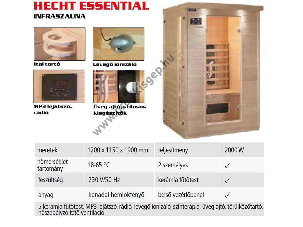 HECHT ESSENTIAL infra szauna 2 személyes, 5 kerámia fűtőtest, 2000W - CSAK SZEMÉLYES ÁTVÉTELLEL
