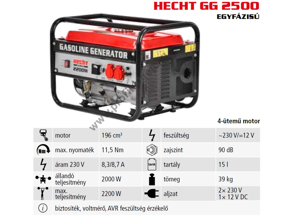 HECHT GG 2500 Egyfázisú áramfejlesztő, 230V, Max: 2200W, 8.7A, Motor: OHV, 196cm3, AVR feszültségszabályzó