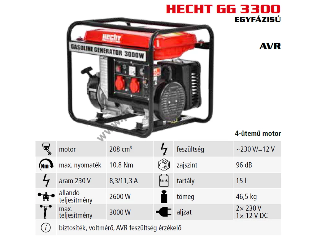 HECHT GG 3300 Egyfázisú áramfejlesztő, 230V, Max: 3000W, 11,3A, Motor: OHV, 208cm3, AVR feszültségszabályzó
