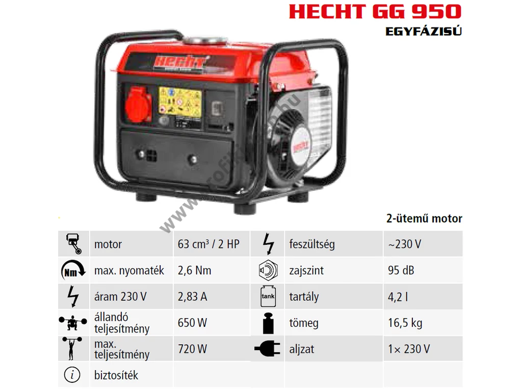 HECHT GG 950 Egyfázisú áramfejlesztő, 230V, Max: 720W, Motor: 2 ütemű, 63cm3