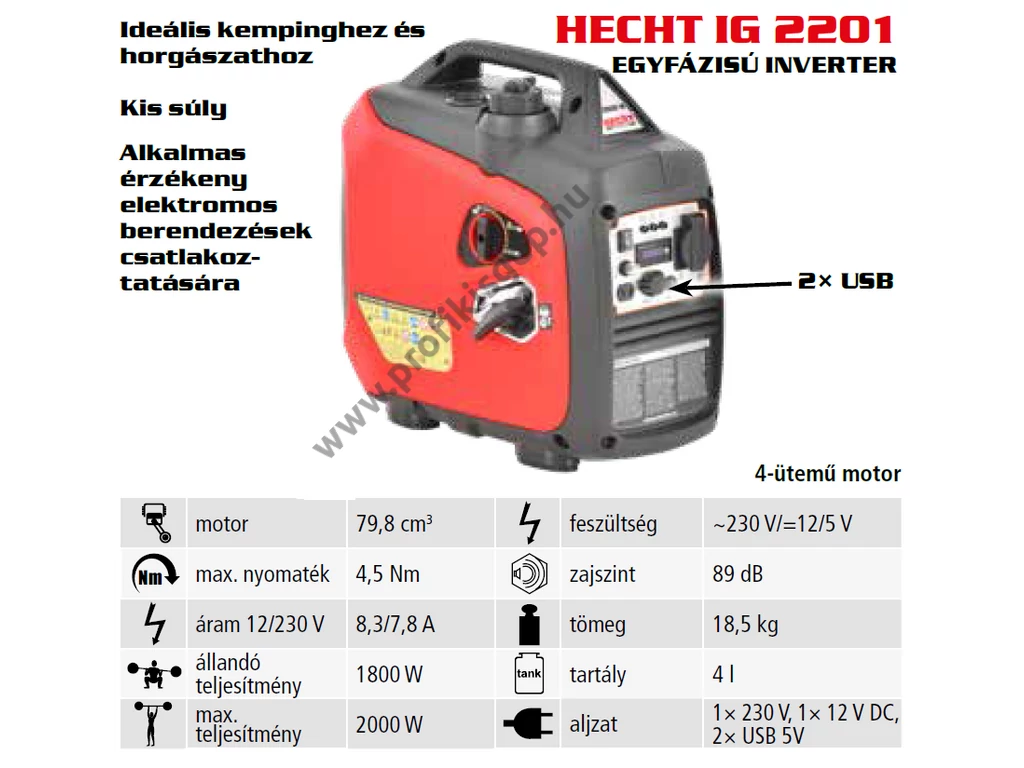 HECHT IG 2201 Egyfázisú áramfejlesztő Inverter, 230V, Max: 2000W, 8,3A, Motor: OHV, 79.8cm3