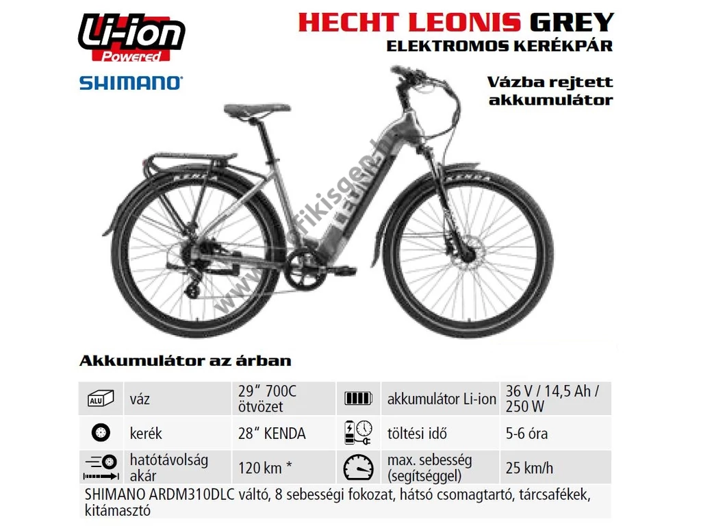 HECHT LEONIS GREY Elektromos kerékpár, e-bike, 29", 36V, 14.5 Ah, Shimano váltó, tárcsafék