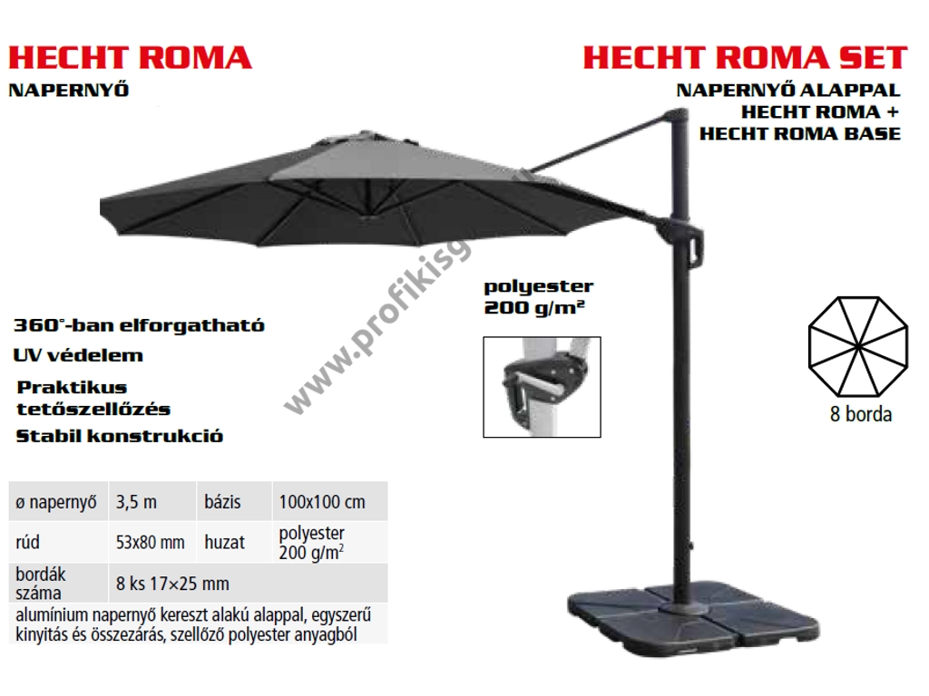 HECHT ROMA napernyő, átmérő: 3,5 méter, vízzel tölthető alap nélkül