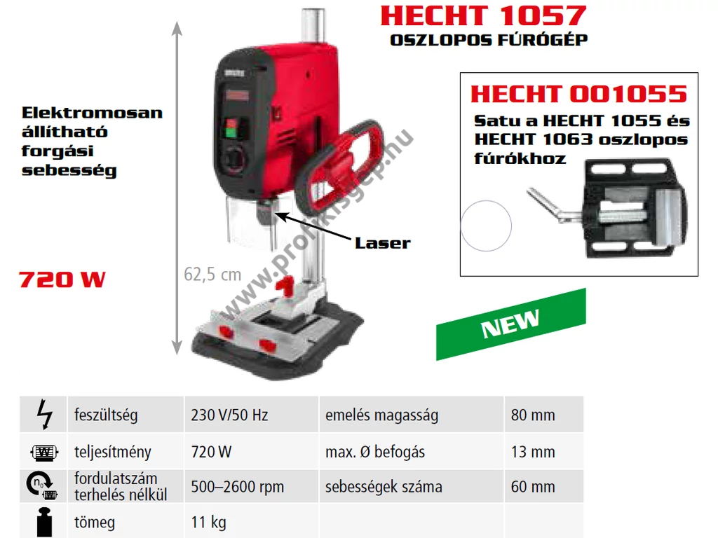 HECHT 1057 elektromos oszlopos fúró, 720W, 13mm fogaskoszorús tokmány, 500-2600 fordulat