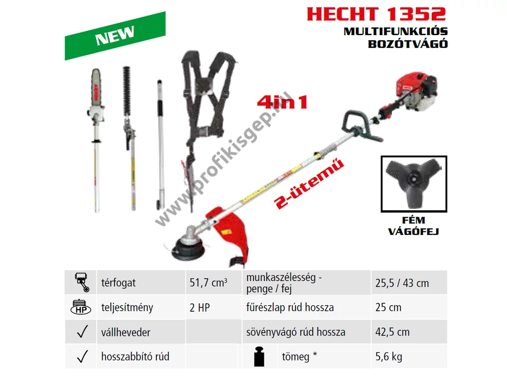 HECHT 1352 benzinmotoros bozótvágó, fűkasza, Multifunkciós  51,7 cm3, 2,0Le, osztott szár, damilfej, vágótárcsa, sövényvágó, ágvágó