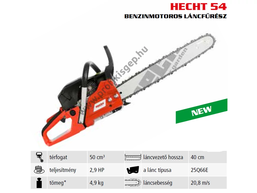 HECHT 54 Benzinmotoros láncfűrész, 50 cm3, 2.9 Le, lánc 325"-1.5-66 szem, vezető 40cm
