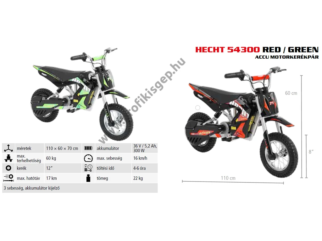 HECHT 54300 RED Akkumulátoros motorkerékpár 36V, 5,2Ah, Max: 60kg