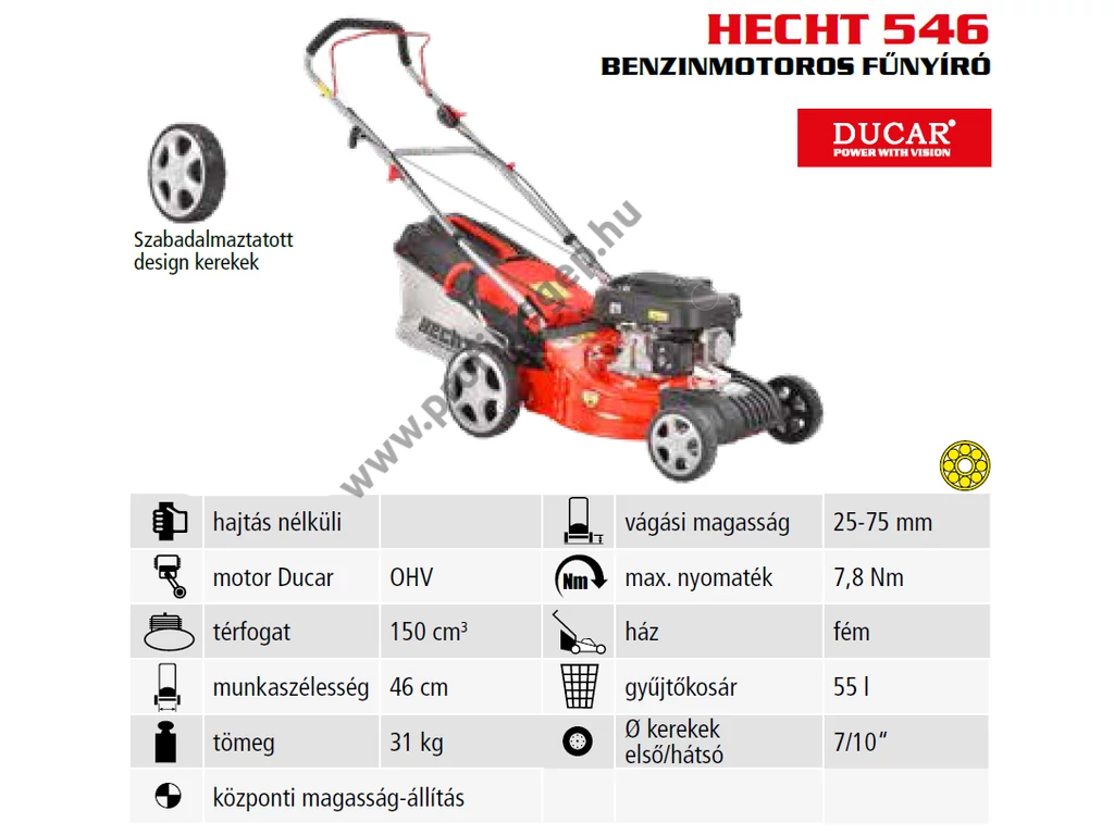 HECHT 546 Benzinmotoros fűgyűjtős fűnyíró, 46cm, OHV 150cm3, csapágyazott kerék,