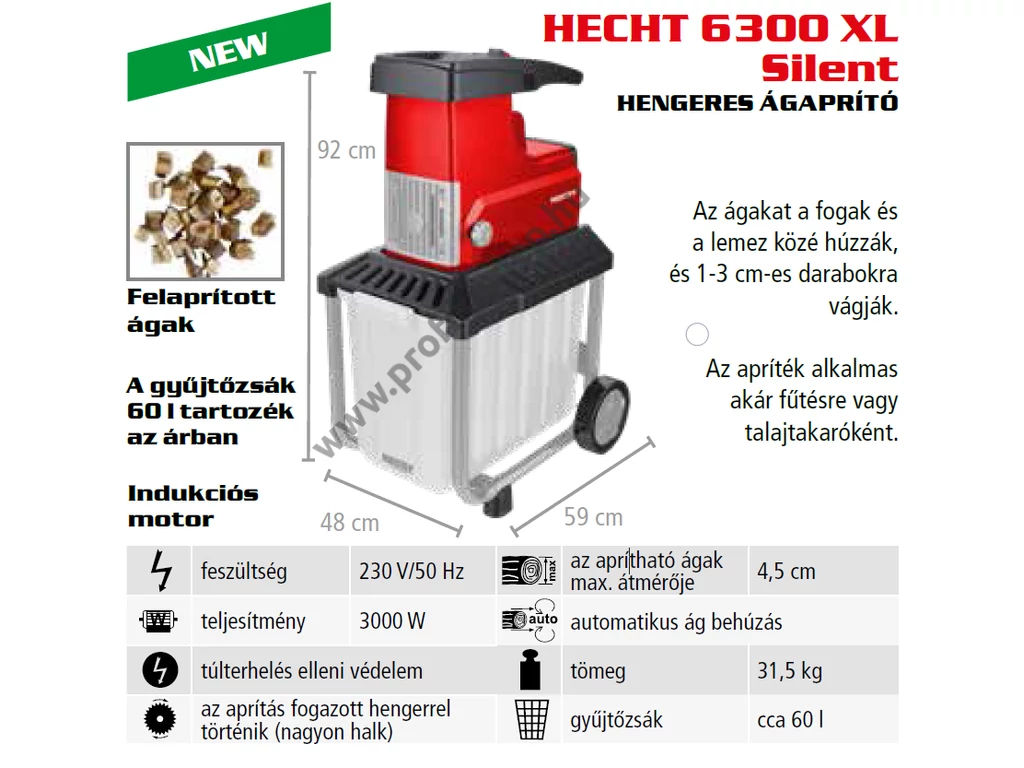 HECHT 6300 XL SILENT Elektromos ágaprító, komposztáló, Maróhengeres, 3000W, ágátmérő: 4,5 cm, gyűjtődoboz