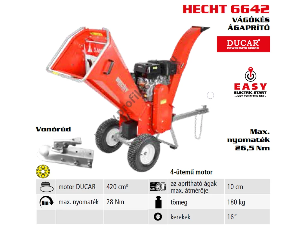 HECHT 6642 Benzinmotoros ágaprító, komposztáló, forgókéses, OHV420cm3, ágátmérő: 10cm, VONTATHATÓ