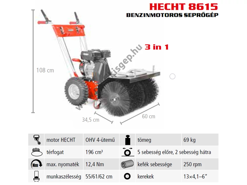 HECHT 8615 Benzinmotoros önjáró seprőgép, takarítógép, 62cm, OHV 196cm3, 5+2 sebesség