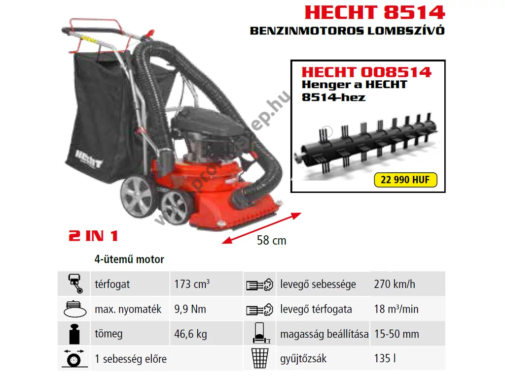 HECHT 8514 benzinmotoros lombszívó, lombfúvó, OHV173cm3, 270km/h, Önjáró 4 kereses, gyűjtőzsák