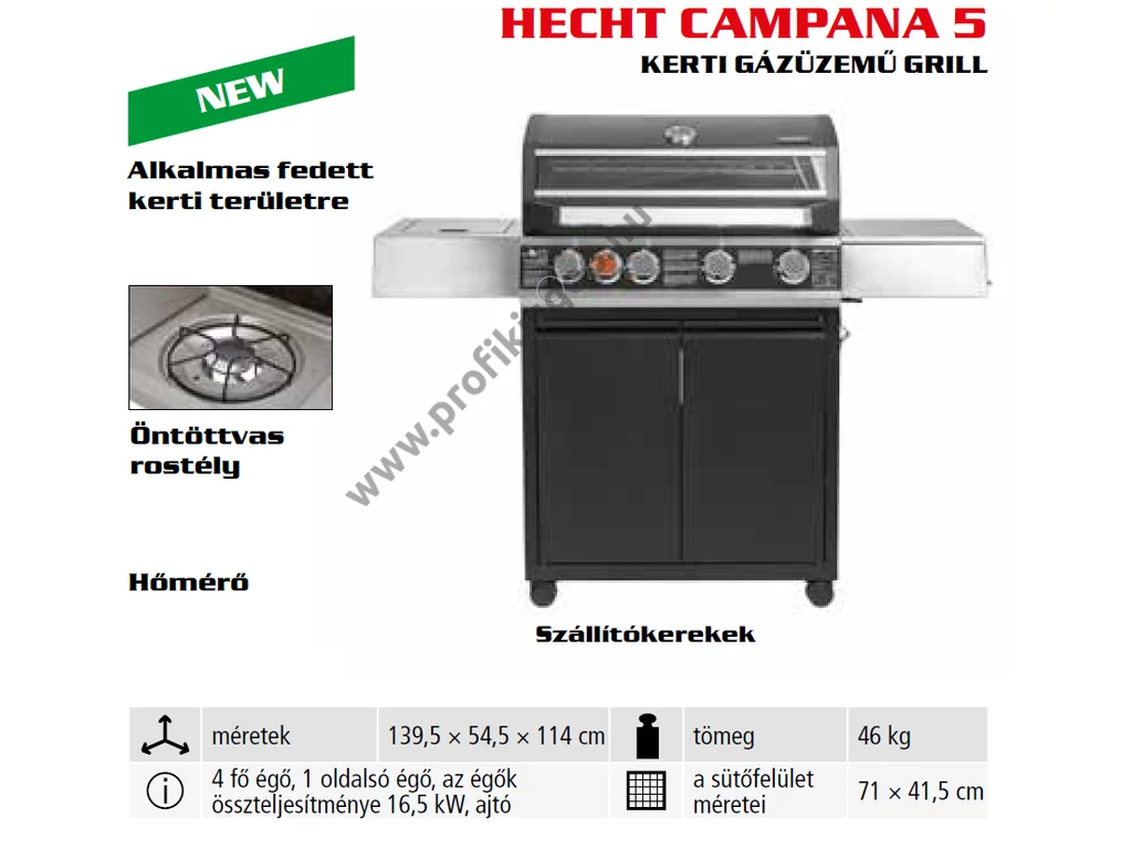 HECHT CAMPANA 5 kerti gázüzemű grill, 16,5 kW, 4+1 égőfej, Sütőfelület: 71x41.5cm