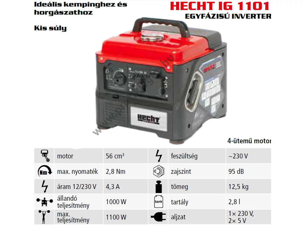 HECHT IG 1101 Egyfázisú áramfejlesztő Inverter, 230V, Max: 1020W, 4,3A, Motor: OHV, 53.5cm3