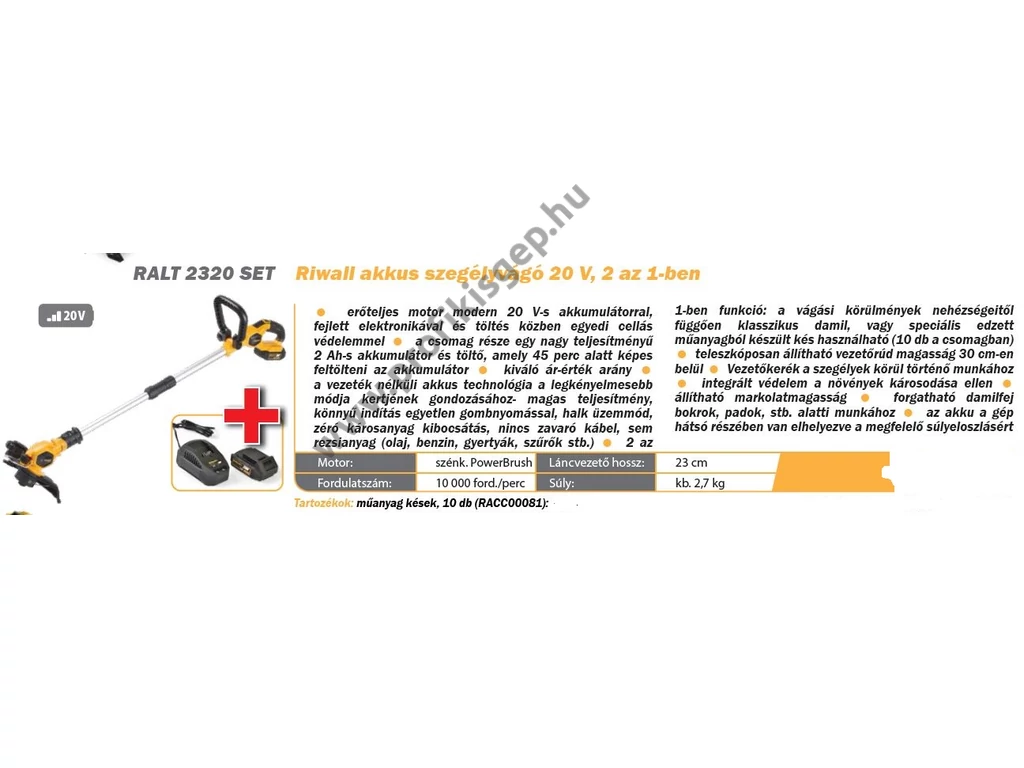 Riwall RALT 2320 set Akkumlátoros szegélynyíró, fűkasza, 20V, 2Ah akkuval és töltővel