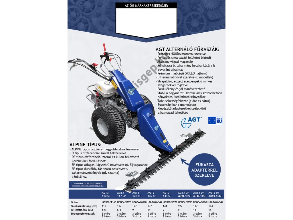 AGT3 112 SF GX200, alternáló kasza, Honda 6.5Le, 3+3 sebesség, 112 cm munkaszélesség