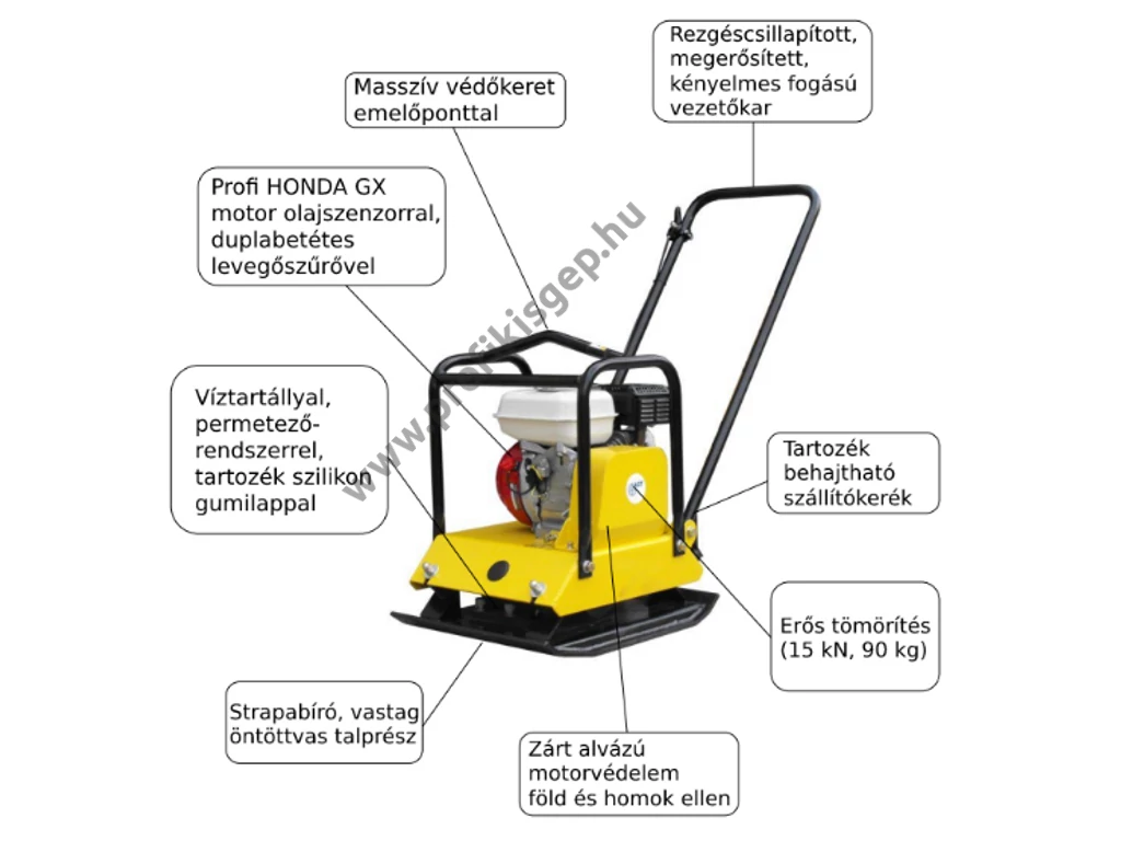 AGT PCL90 lapvibrátor, HONDA GX160, 5.5 Le, 15.0kN, 45x50cm, 90 kg, kerékszett, szilikon gumilap