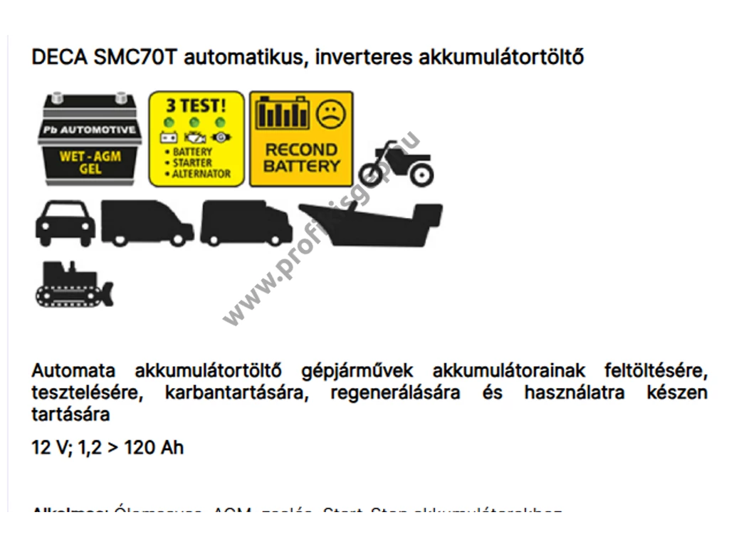 DECA SM C70T akkumulátortöltő, inverteres, 12V, 1,2-120 Ah, (töltés, ellenőrzés, karbantartás)