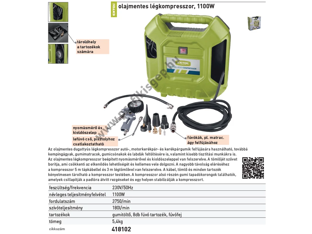 EXTOL craft olajmentes kompresszor, 180l/perc 8bar, tartály nélkül, 230V 1100W
